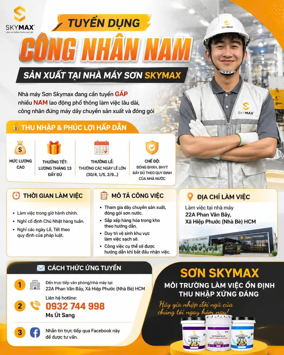 Tuyển công nhân nam sản xuất tại nhà máy SKYMAX